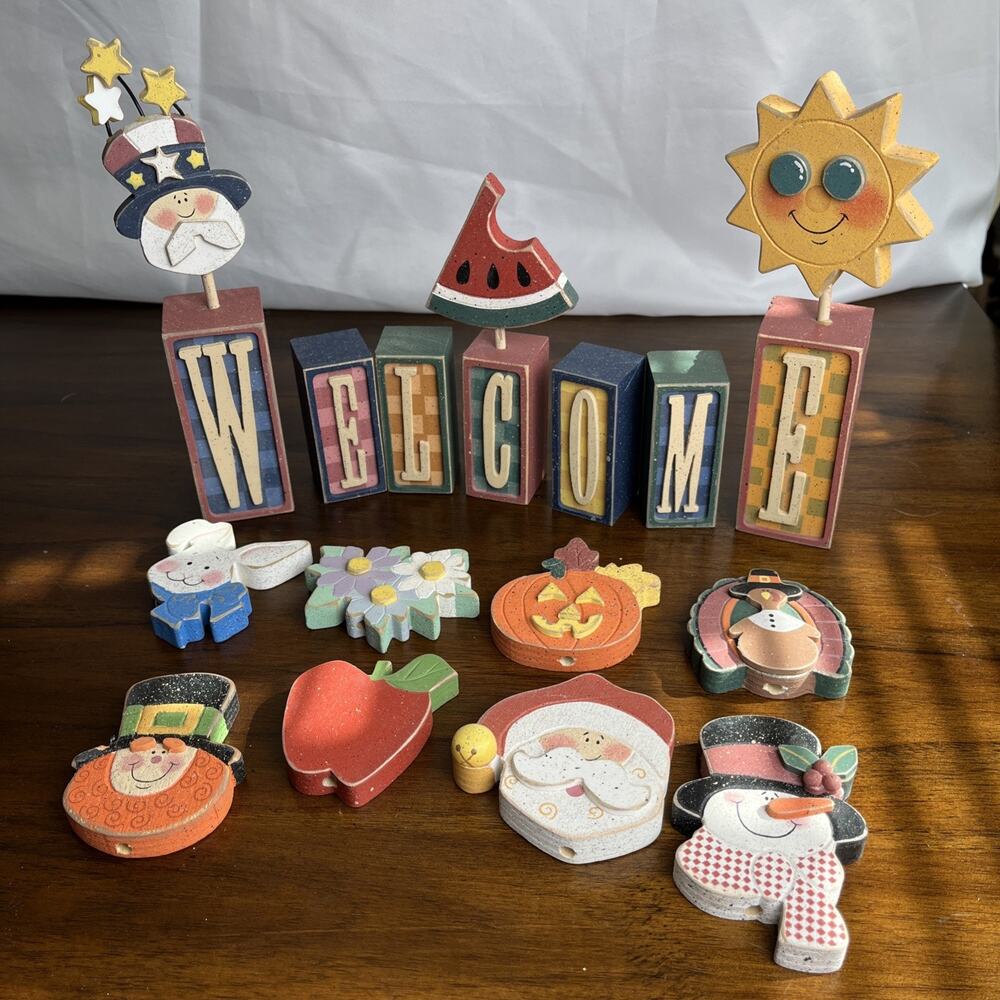 Wooden Welcome Sign & Set Of 11 Wooden Cutouts Covering Most Seasons & Holidays